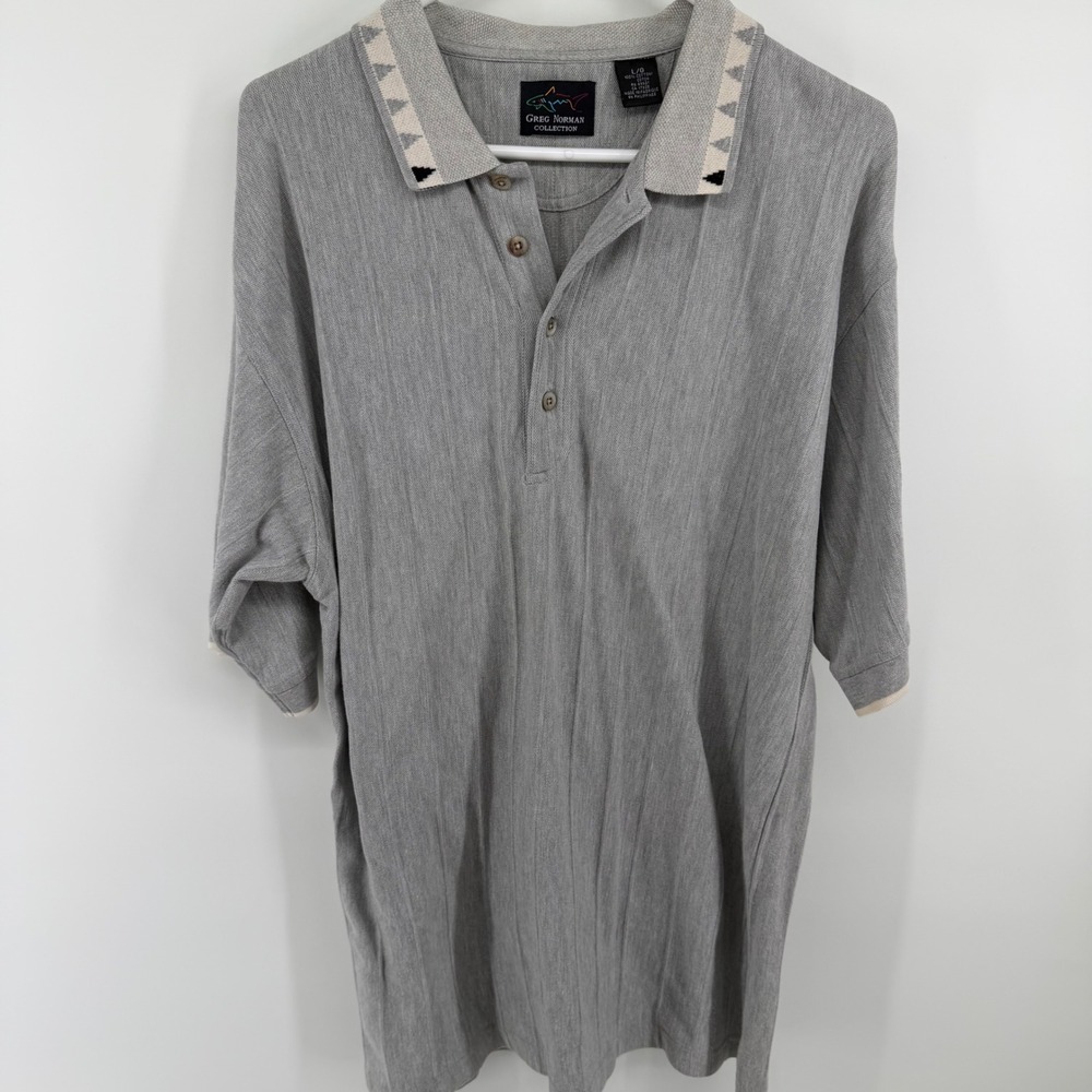 VTG Greg Norman Collection Mens Gray Cotton Polo Shirt Geometric Collar Large